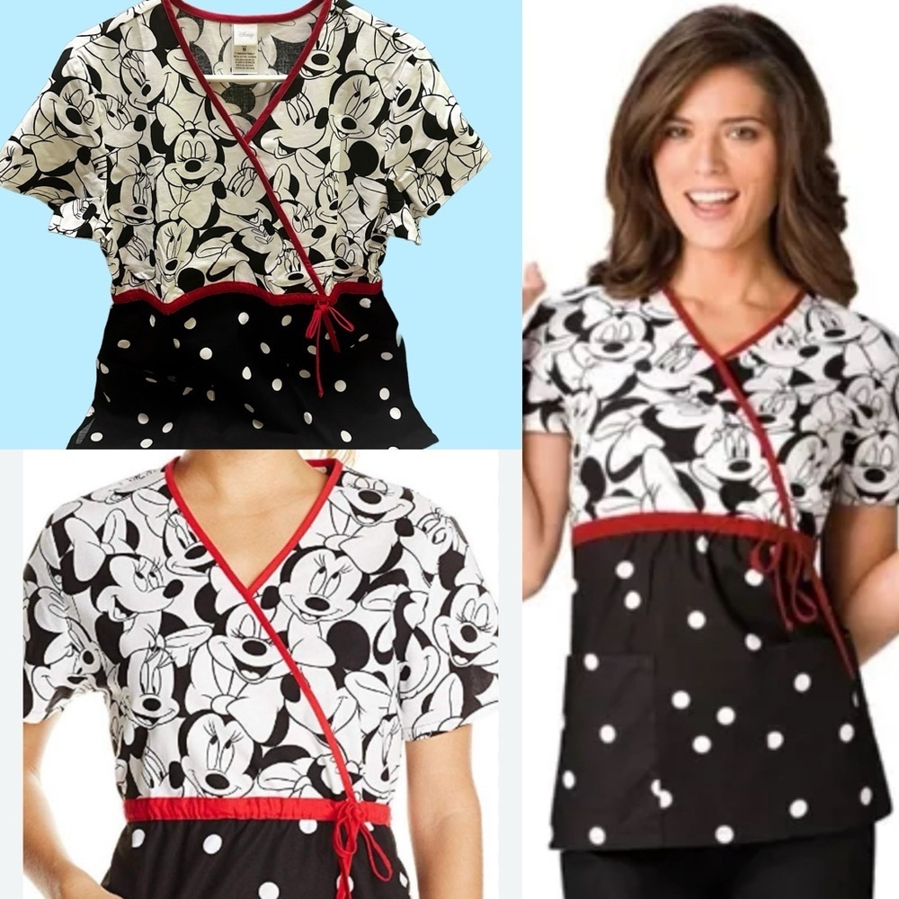 Disney Minnie Mouse Scrub  Wrap Blouse Short Sleeve Tie Front size M